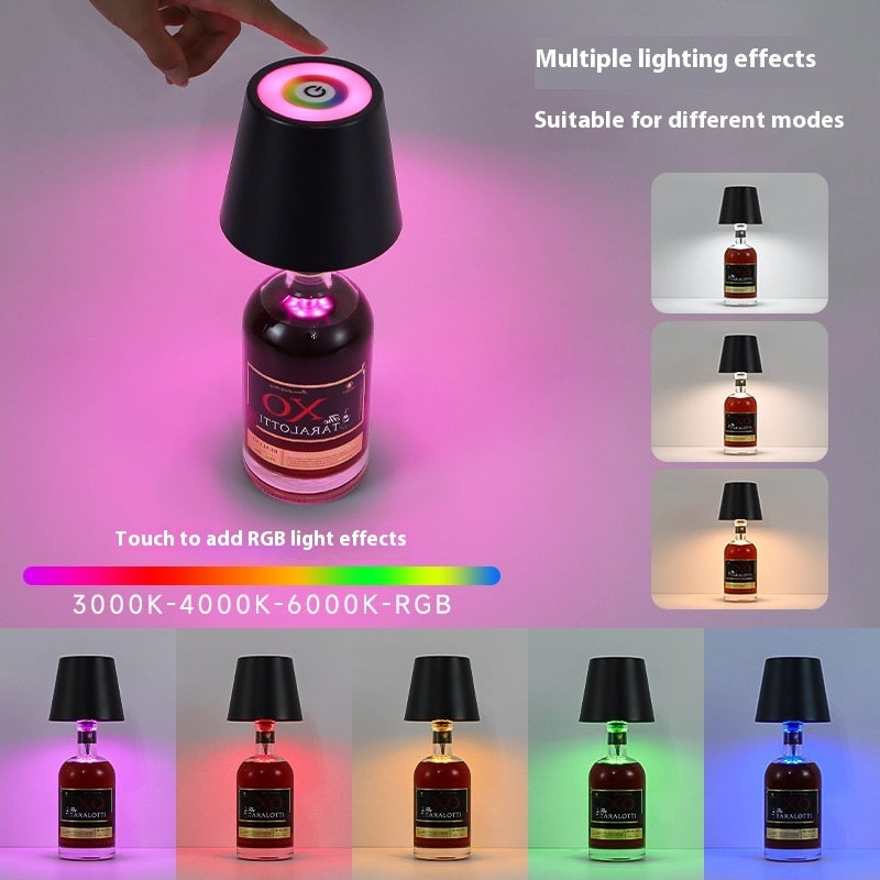 Rechargeable RGB Wine Bottle Table Lamp – Touch Control LED Mood Light, Metal Wine Bottle Plug Lamp for Home & Bar Decor
