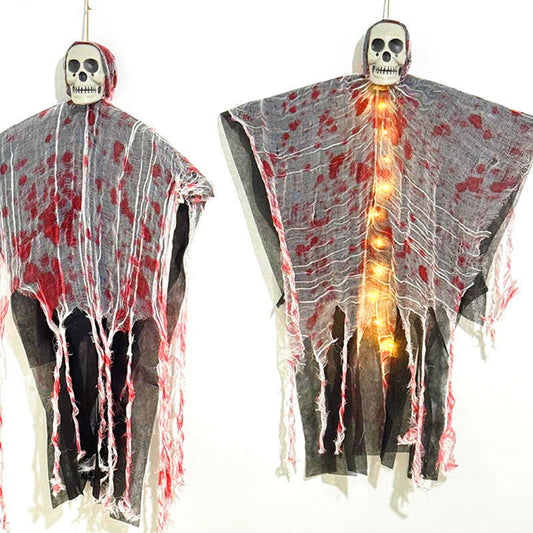 Halloween Hanging Ghost with Luminous Skull – Blood-Dyed Outdoor Decoration for Haunted Houses & Yards