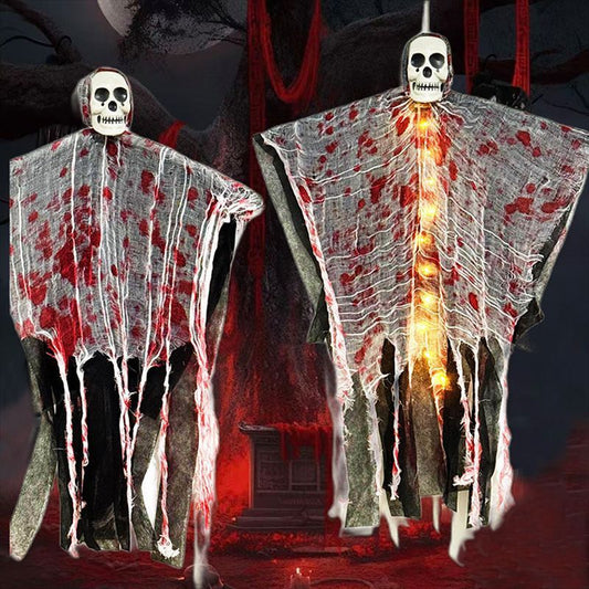 Halloween Hanging Ghost with Luminous Skull – Blood-Dyed Outdoor Decoration for Haunted Houses & Yards